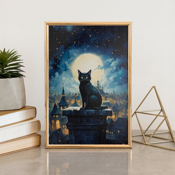 Black Cat Silhouette on a Rooftop Ledge Under the Full Moon Poster