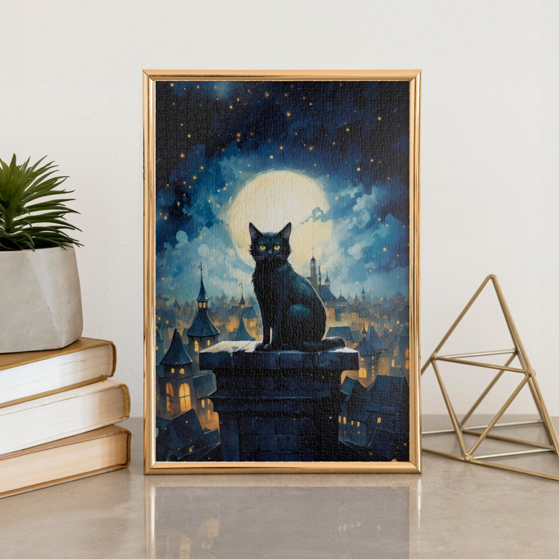 Black Cat Silhouette on a Rooftop Ledge Under the Full Moon Poster