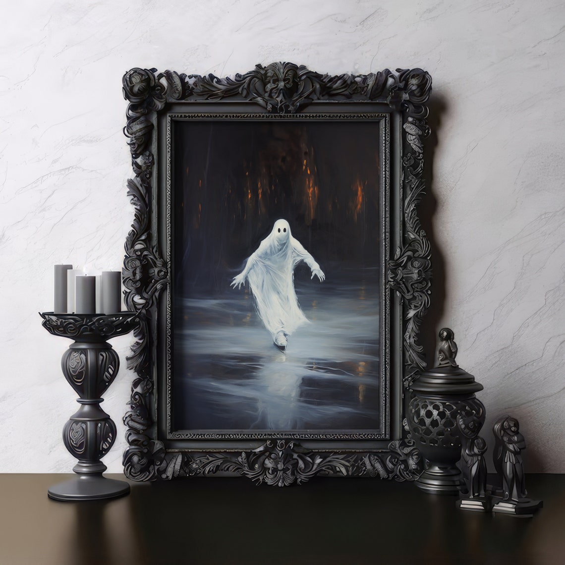 Ghost Ice Skating Frozen Pond Night Vintage Horror Winter Scene Poster