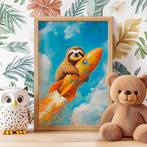 Grinning Sloth Hugging a Bright Orange Rocket Blasting Through Blue Sky Poster