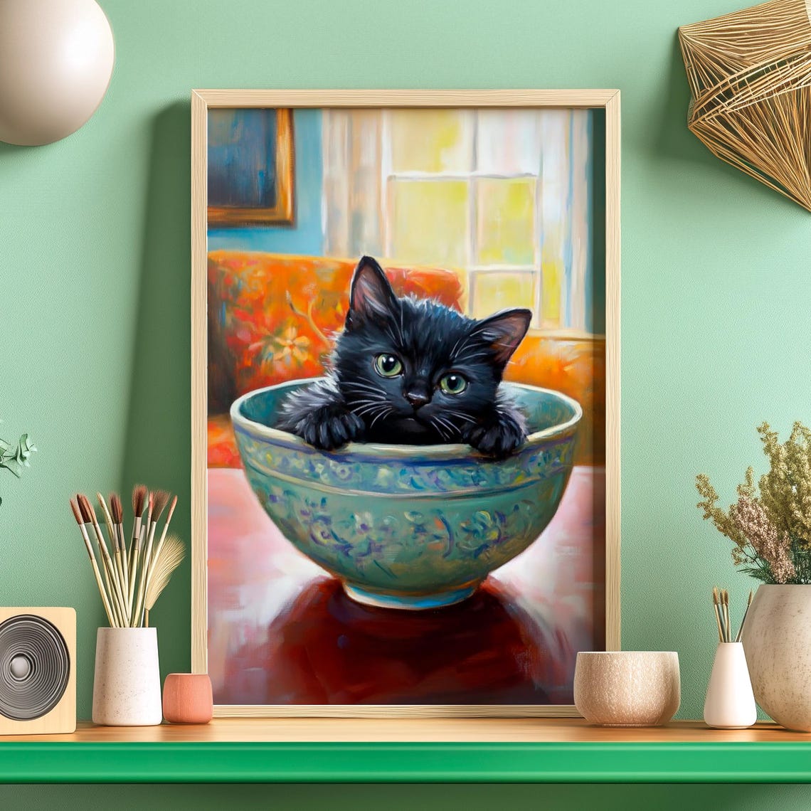 Adorable Black Kitten Curled Up Inside a Painted Ceramic Bowl Poster