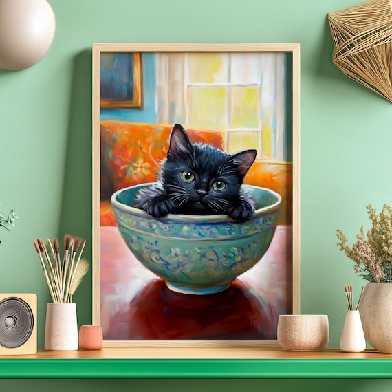 Adorable Black Kitten Curled Up Inside a Painted Ceramic Bowl Poster