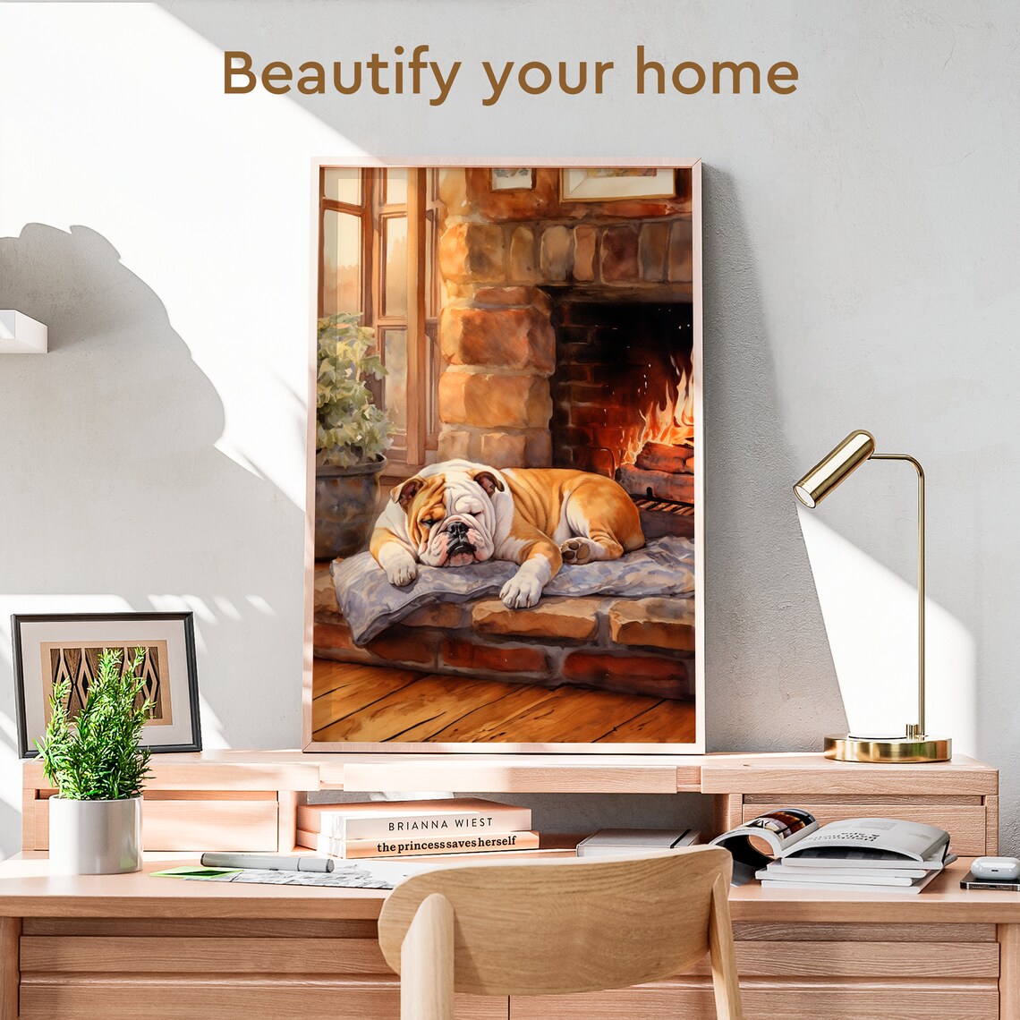 Sleepy Bulldog by Stone Fireplace Cozy Cabin Dog Portrait Art Poster - Image 3