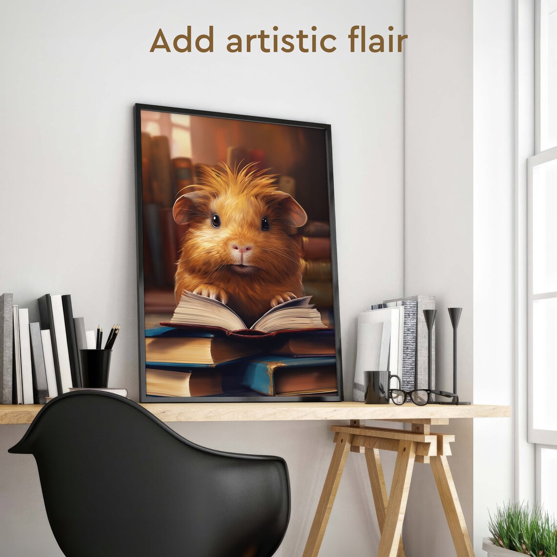 Cute Guinea Pig Reading Book in Cozy Library Funny Animal Poster - Image 2