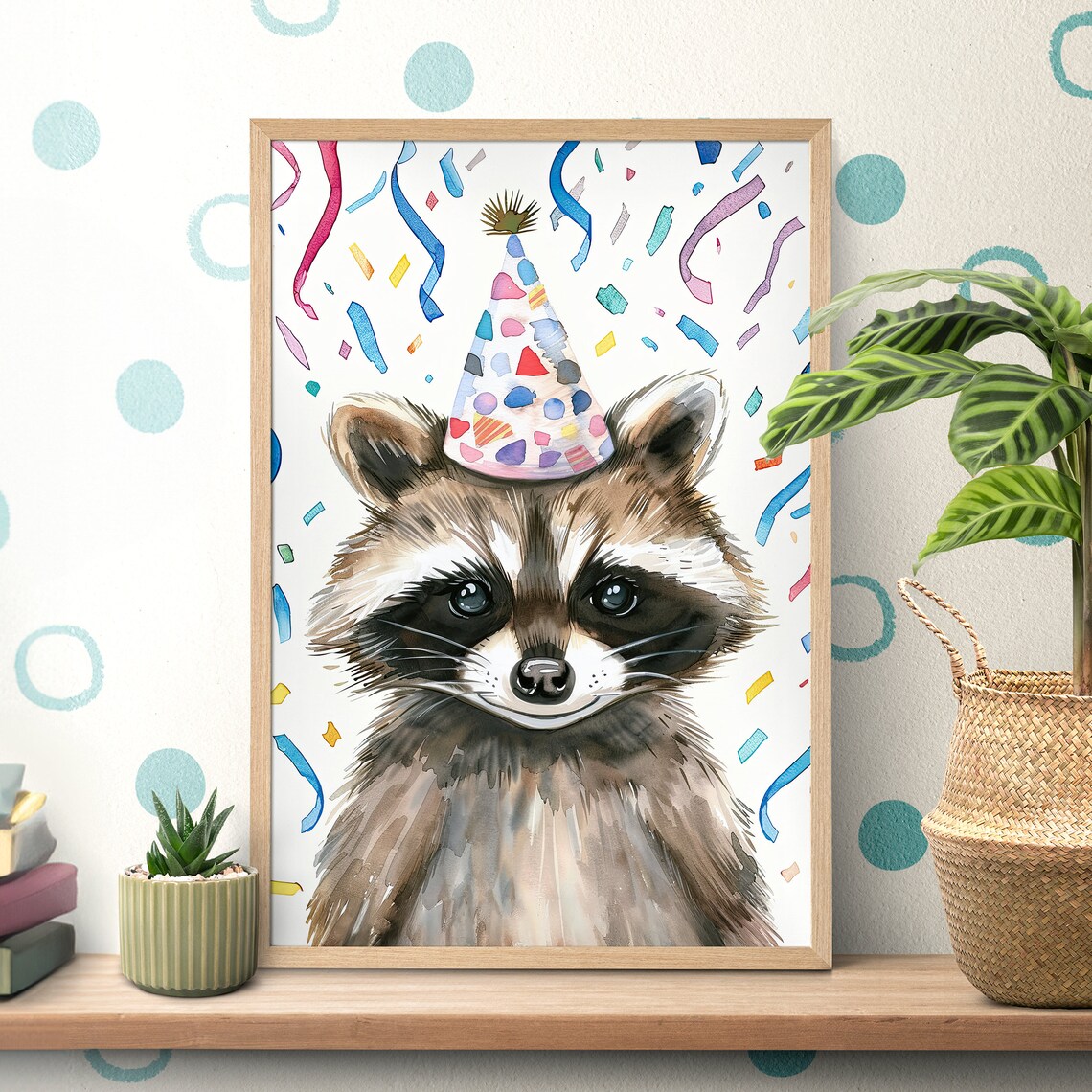 Smiling Raccoon Wearing a Birthday Party Hat with Confetti Poster