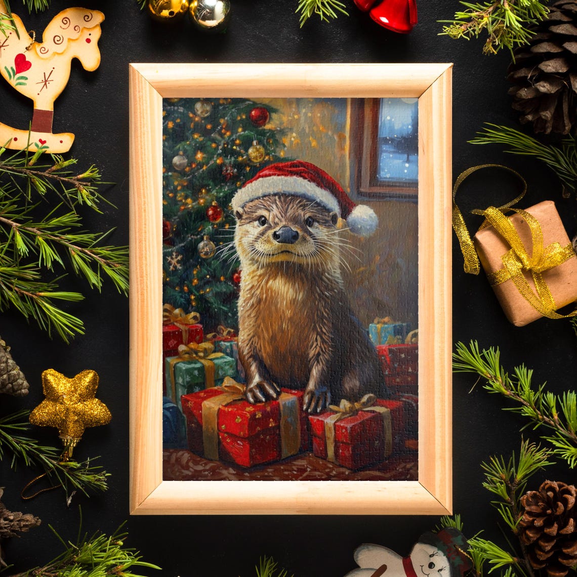 Otter Wearing a Santa Hat Sitting Among Christmas Presents Poster