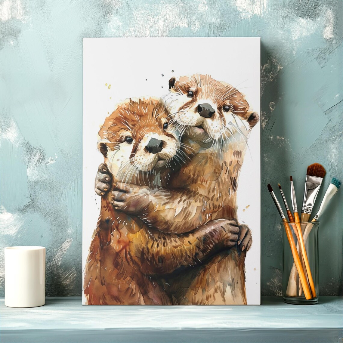 Two Adorable Otters Warmly Embracing Each Other Watercolor Poster