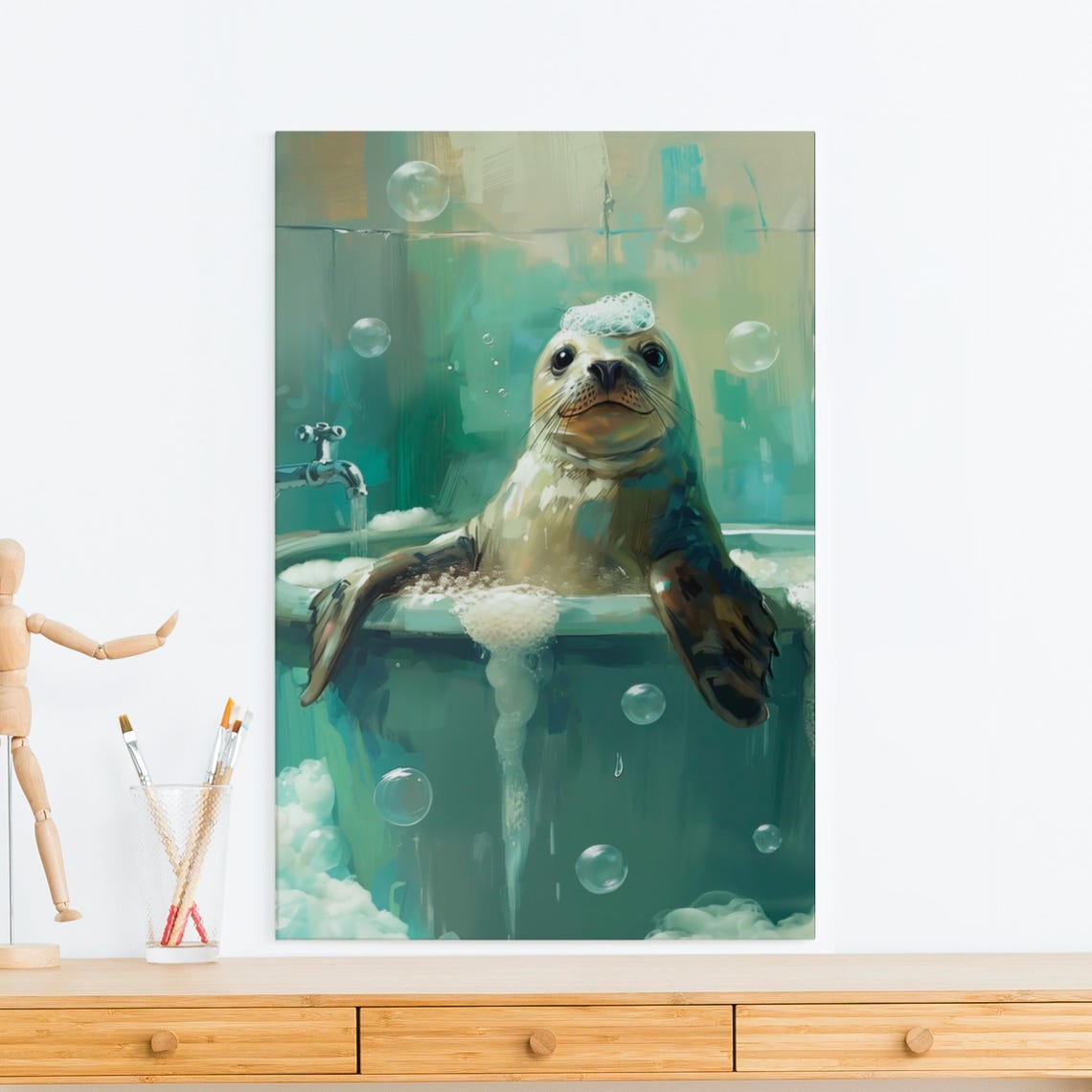 Harbor Seal in a Green Bathtub with Soap Suds and Bubbles Poster
