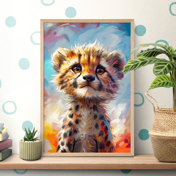 Baby Cheetah Cub in a Bold Colorful Oil Painting Portrait Poster