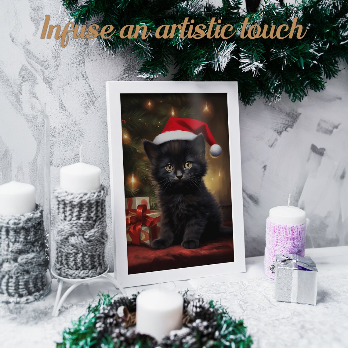 Black Kitten Wearing Santa Hat Christmas Tree Lights Holiday Poster - Image 2
