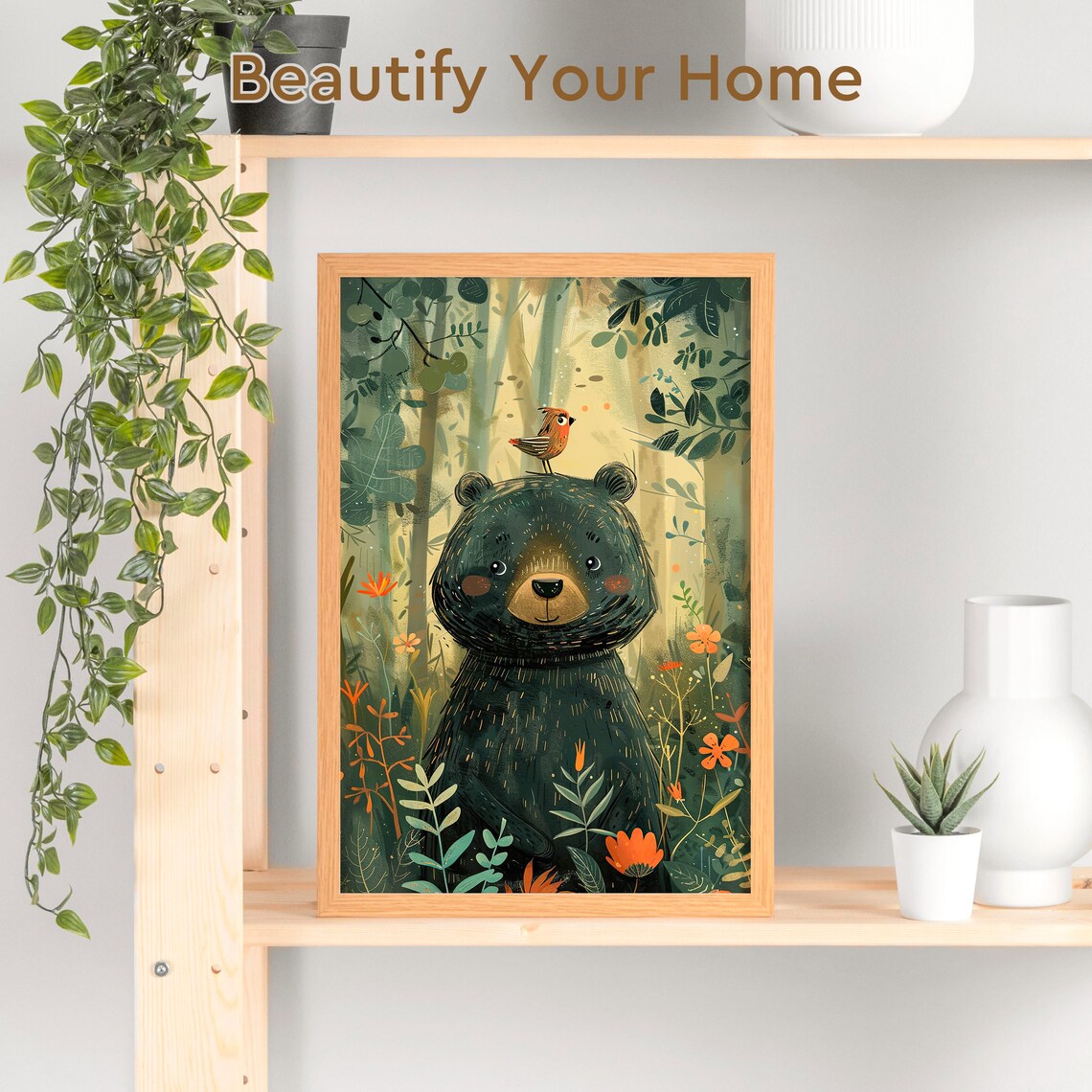 Joyful Bear And Bird Wildlife Nursery Art Print - Image 3