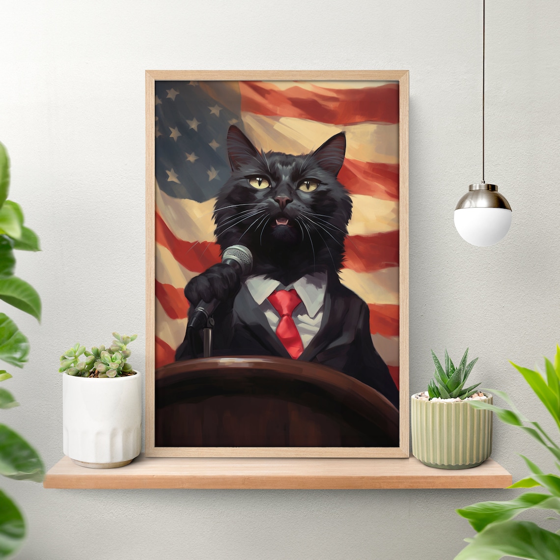 Funny Black Cat President Suit American Flag Funny Cat Portrait Poster