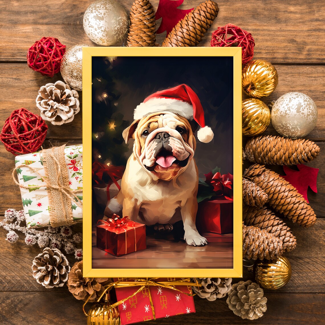 Happy Bulldog Wearing Santa Hat Christmas Gifts Dog Portrait Poster