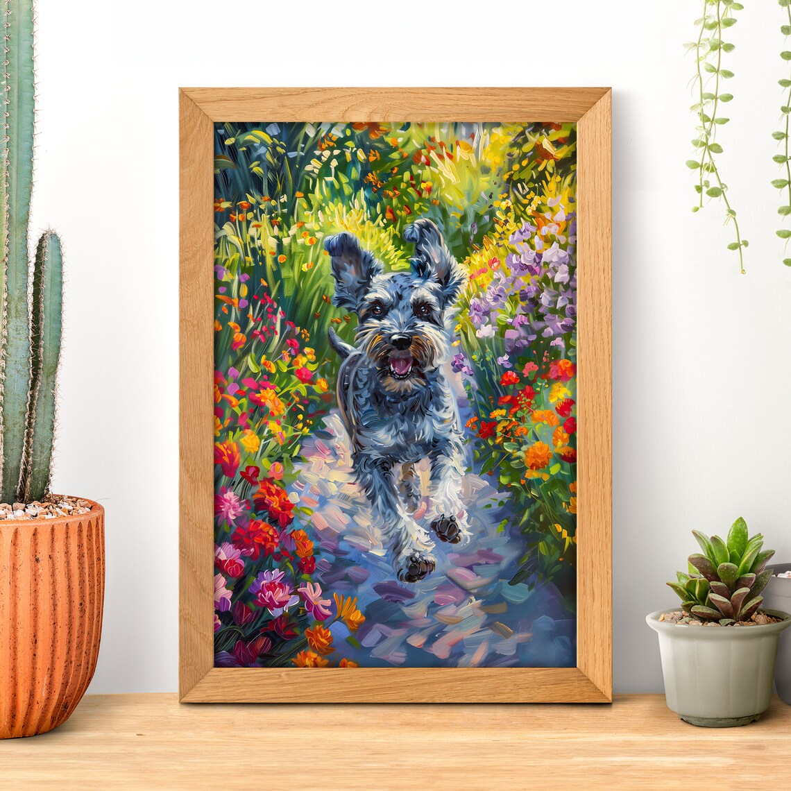 Happy Schnauzer Running Through a Colorful Wildflower Garden Poster