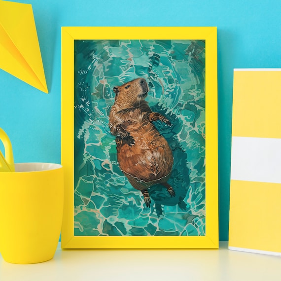 Capybara Floating on Back in Turquoise Swimming Pool Water Poster