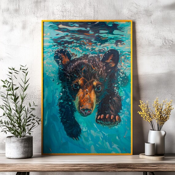 Cute Baby Black Bear Cub Diving Underwater Turquoise Swim Poster