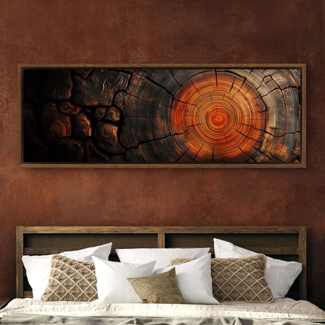 Earthy Tree Ring Panoramic Wall Art Abstract Nature Inspired Print For Above Bed Or Couch Decor Wood Texture And Tree Trunk Slice Art