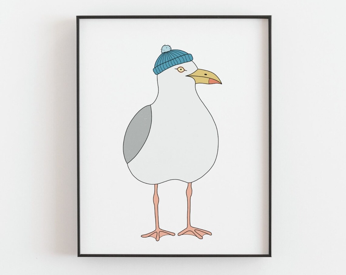 Seagull With Blue Beanie Sailing Poster, Coastal Art Print