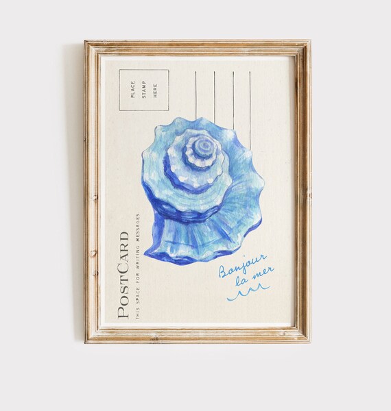Bonjour La Mer Blue Seashell Postcard Poster Coastal Watercolor Shell Decor