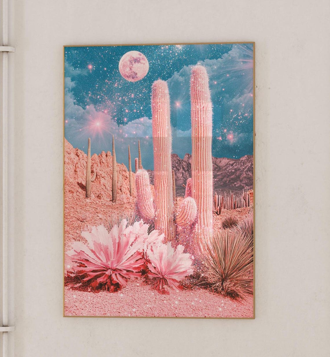 Pink Desert Cactus Poster under a Starry Night Sky with Full Moon - Image 3