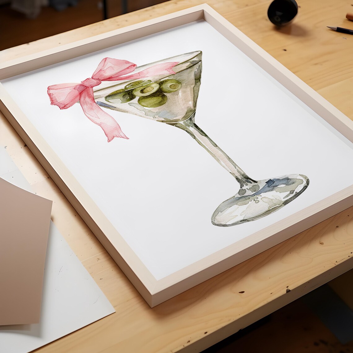 Dirty Martini Watercolor Cocktail Glass With Pink Ribbon Bow Art Poster - Image 2