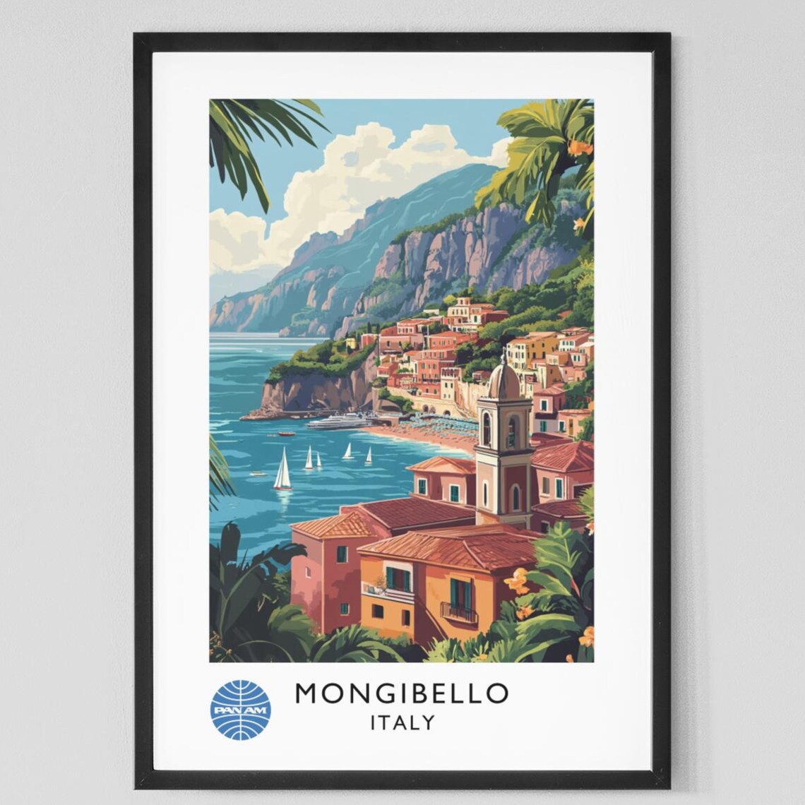 Mongibello Italy Coastal Town Harbor Sailboats Vintage Travel Poster