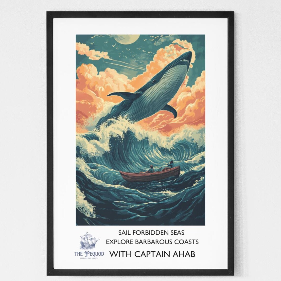 Moby Dick Whale Breaching Stormy Seas Vintage Literary Travel Poster