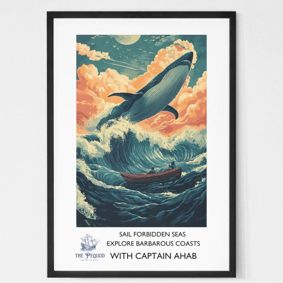 Moby Dick Vintage Style Travel Poster Literary Print Herman Melville Classic Literature Book Gift Whales Pequod