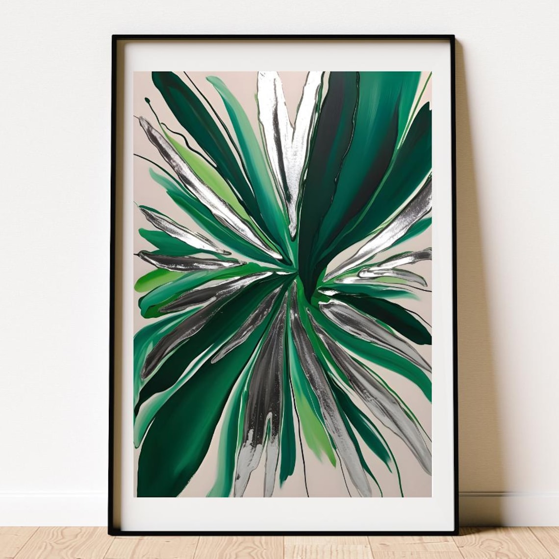 Emerald Green Silver Palm Abstract Poster Modern Botanical Wall Decor