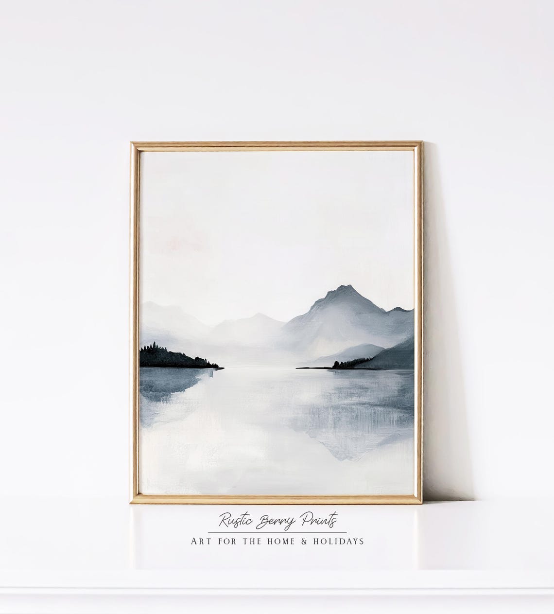 Minimalist Misty Mountains Calm Water Watercolor Painting Print - Image 2