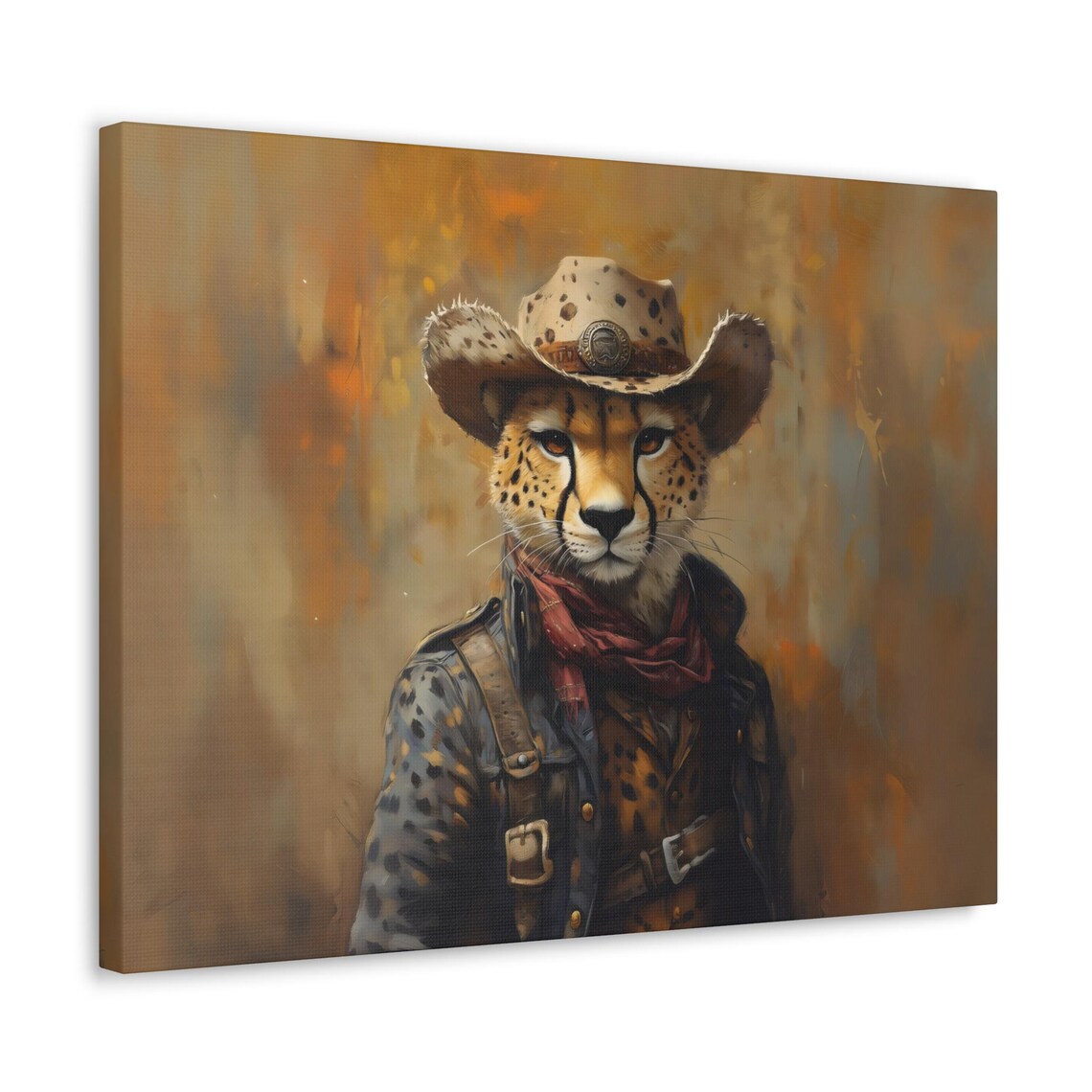 Cheetah Cowboy Sheriff Badge Denim Jacket Oil Painting Western Poster