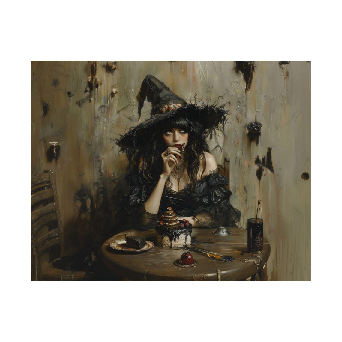 Witch Eating Cake Dark Gothic Bakery Table Treats Halloween Art Poster - Image 4