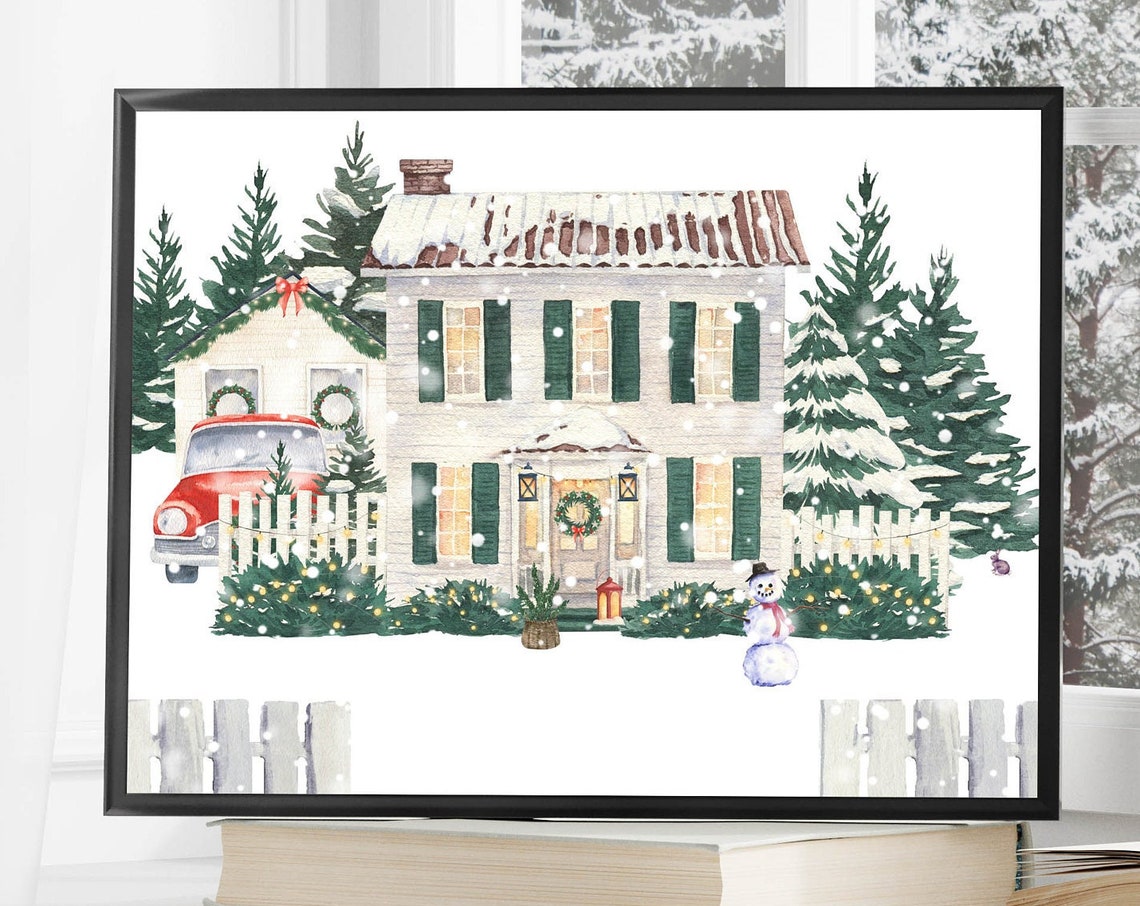 Christmas Home Country Farmhouse House 5x7 8x10 11x14 16x20 Watercolor Winter Wall Art Print Diy Holiday Decor Winter Home Sign