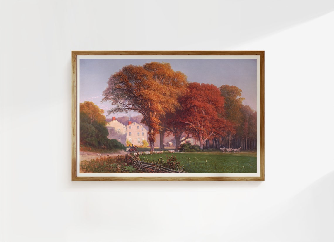 Autumn Farmhouse Landscape Vintage Painting Fall Foliage Poster