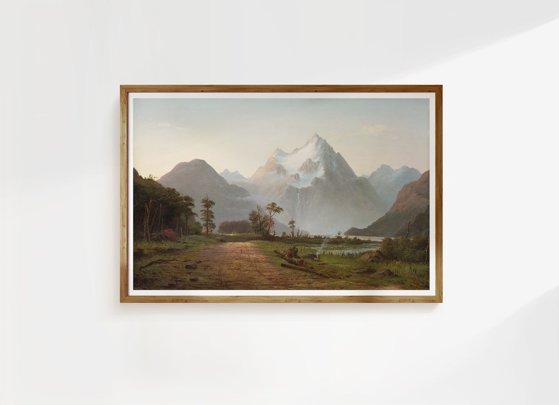 Rustic Snowy Mountain Peaks Valley Path Vintage Oil Painting Poster
