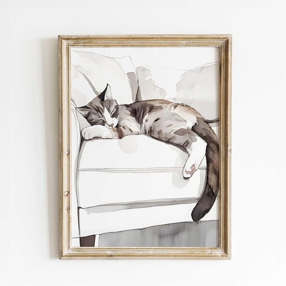 Sleeping Tabby Cat Cozy Watercolor Fine Art Print for Pet Lovers