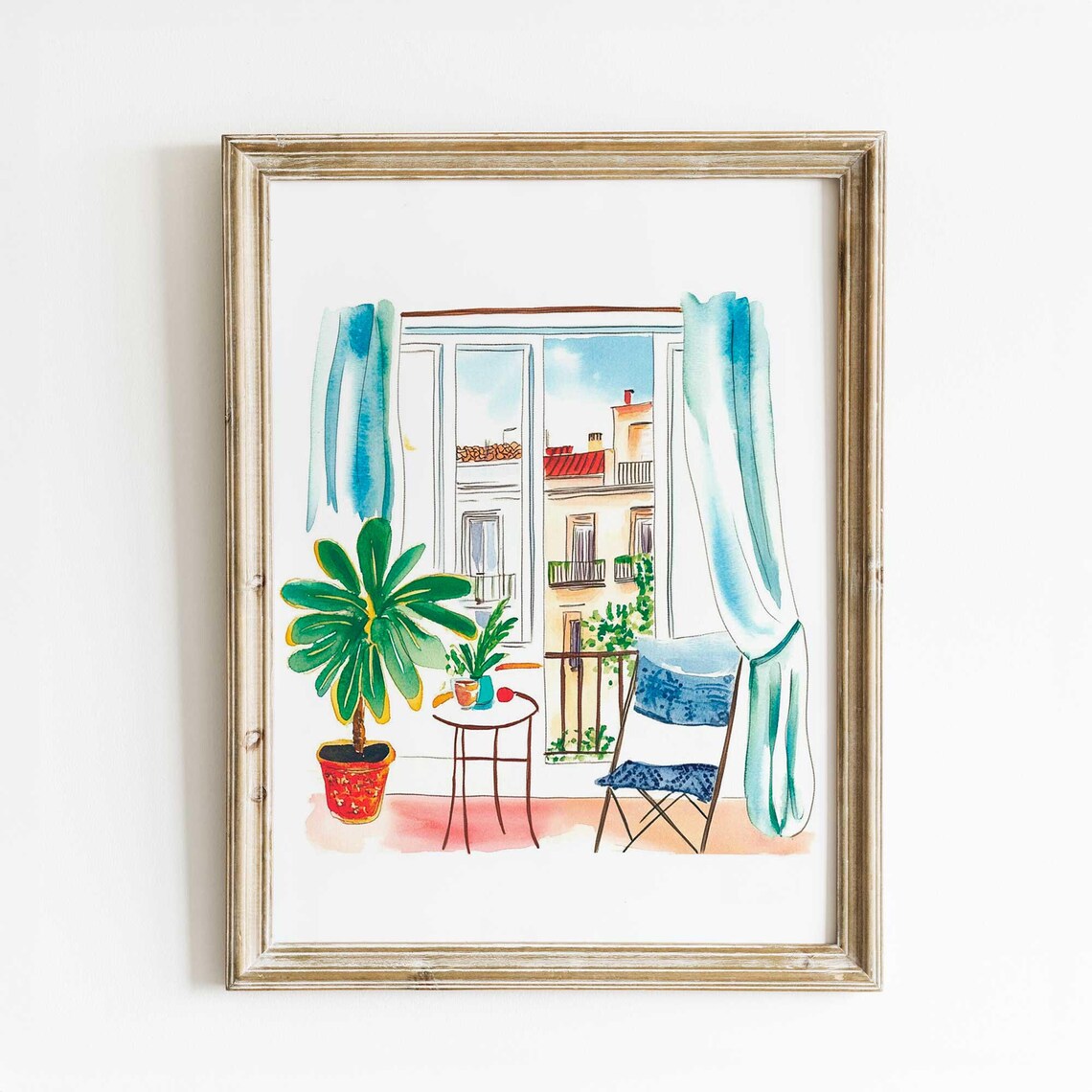 Mediterranean Balcony Watercolor Poster With Plants Curtains And Rooftops