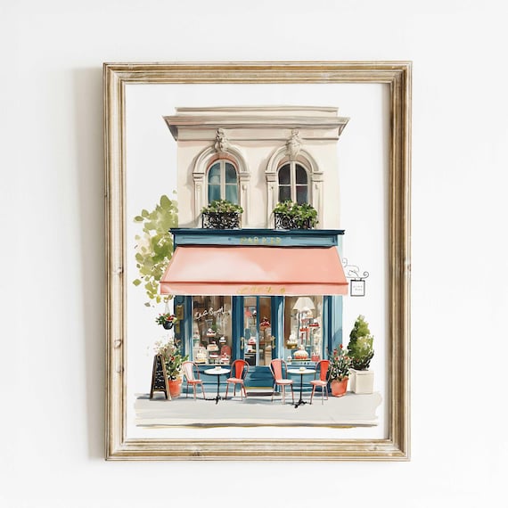 Parisian Bakery Storefront With Pink Awning French Watercolor Poster