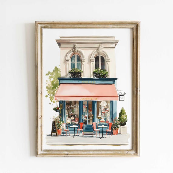 Parisian Cafe Watercolor Print French Bakery Wall Art Pink Awning Bistro Illustration European Coffee Shop Decor