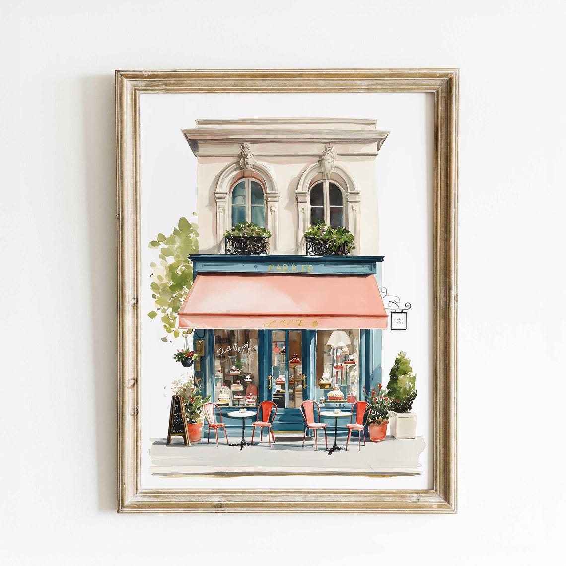 Parisian Bakery Storefront With Pink Awning French Watercolor Poster