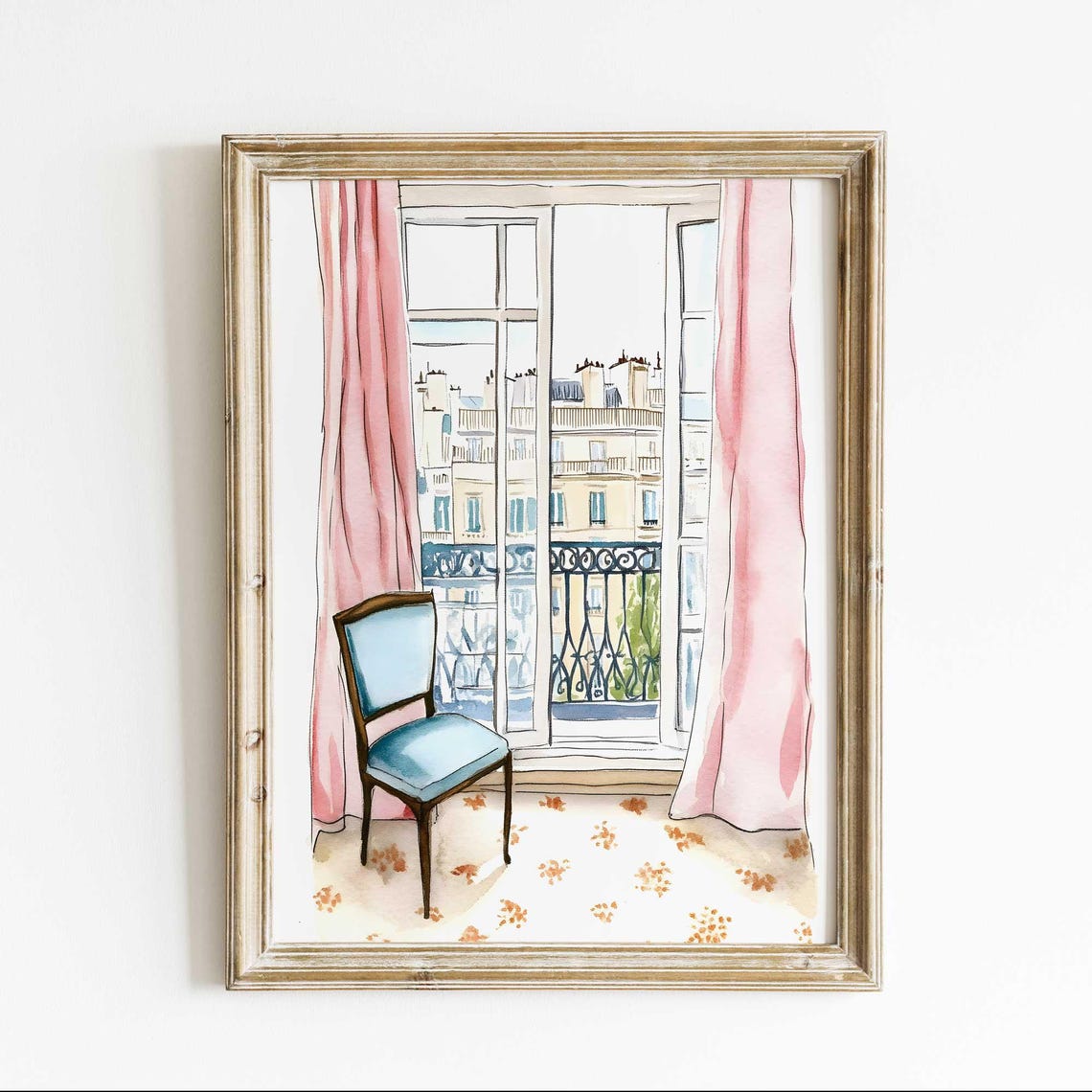 Paris Window View Watercolor Poster With Pink Curtains And Balcony