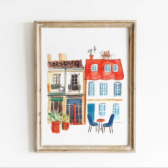 Paris Watercolor Side Street Café Chairs French Travel Poster