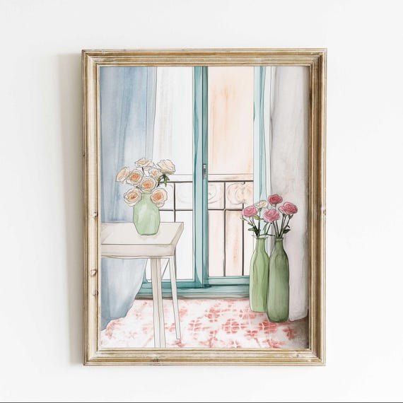 Romantic Floral Watercolor Print, French Balcony Poster