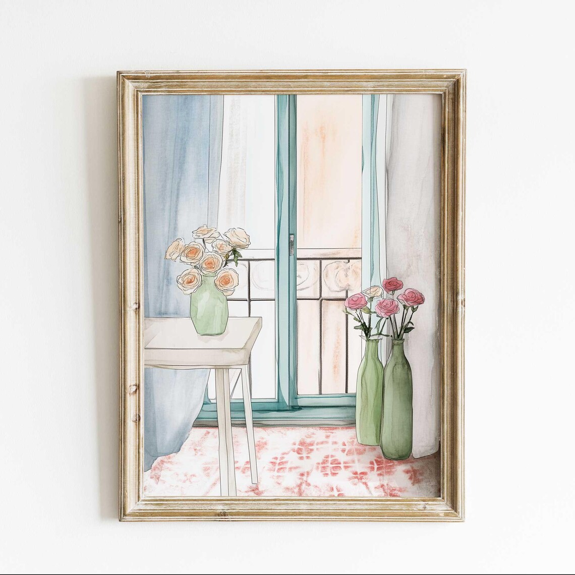 Romantic Floral Watercolor Print, French Balcony Poster