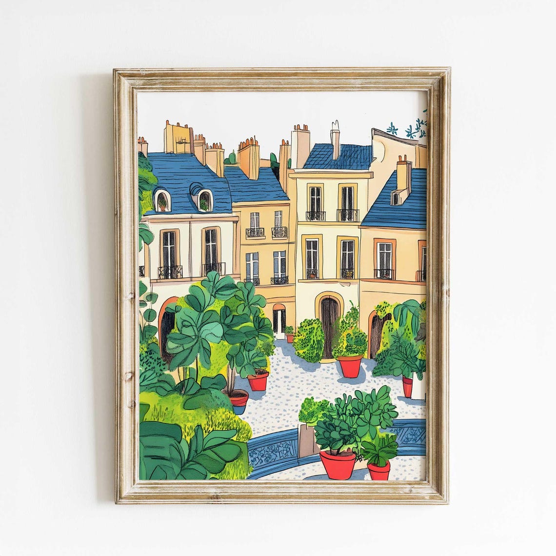 Paris Courtyard Blue Rooftops Urban Greenery Watercolor Poster