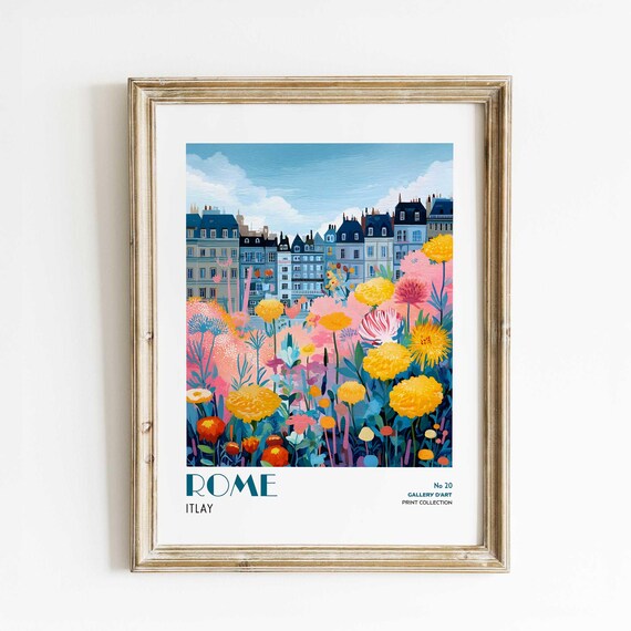 Rome Italy Floral Cityscape Rooftops Colorful Wildflowers Art Poster