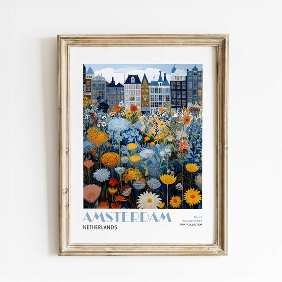 Amsterdam Wall Art Floral Cityscape Print Poster Illustration Netherlands For Gallery