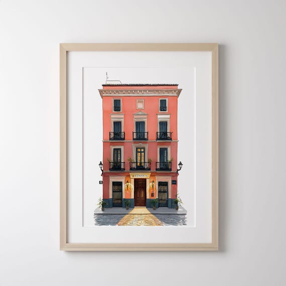 Red Building Wall Art European Architecture Watercolor Print With Balcony Details And Warm Street Scene