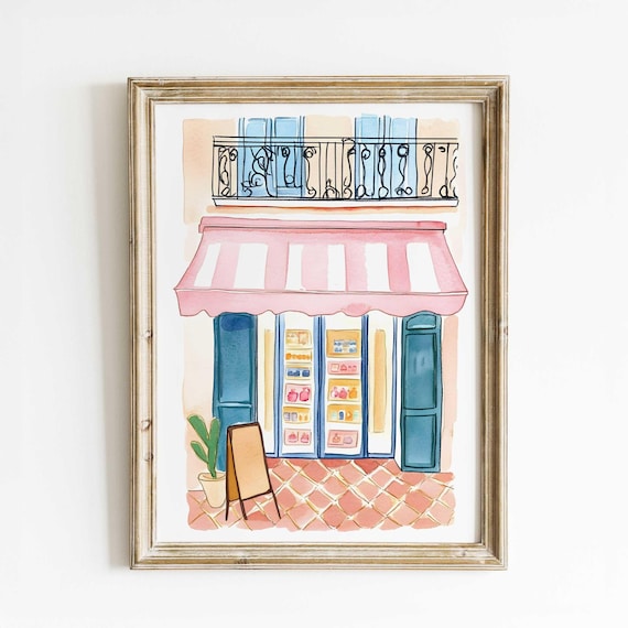 French Bakery Watercolor Print Cozy Parisian Storefront Wall Art Charming France Illustration Unique Handmade For Kitchen Decor