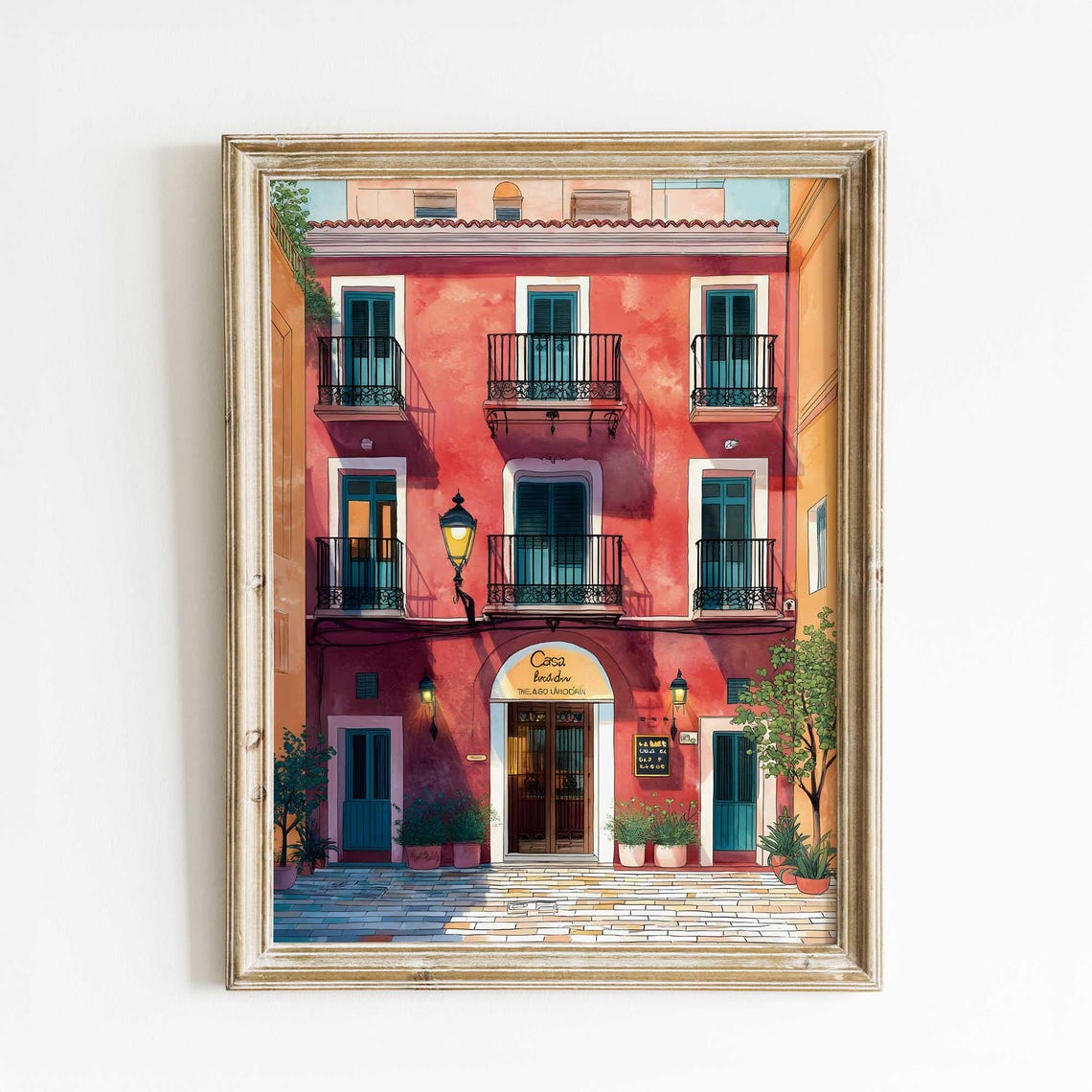 Mediterranean Red Facade Teal Shutters Watercolor Evening Poster